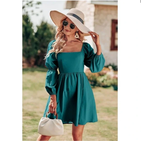 Women's Fall Long Puff Sleeve Babydoll Dress Casual Square Neck Elastic Waist XL - Picture 2 of 4